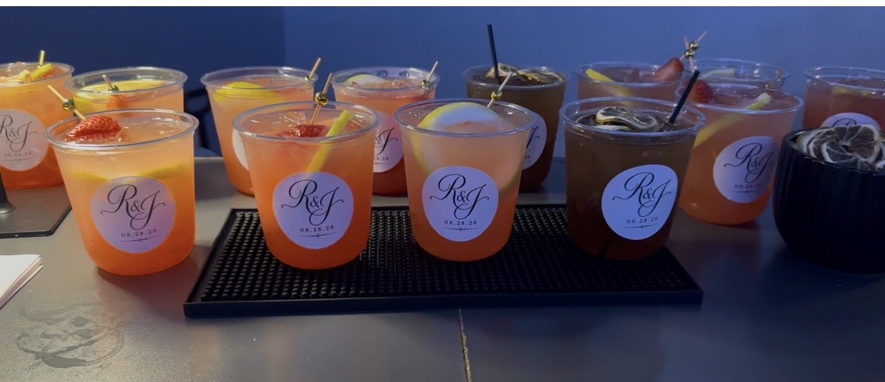 A full bar lineup of personalized wedding mocktails served at an ItsGivingMocktails event in Los Angeles